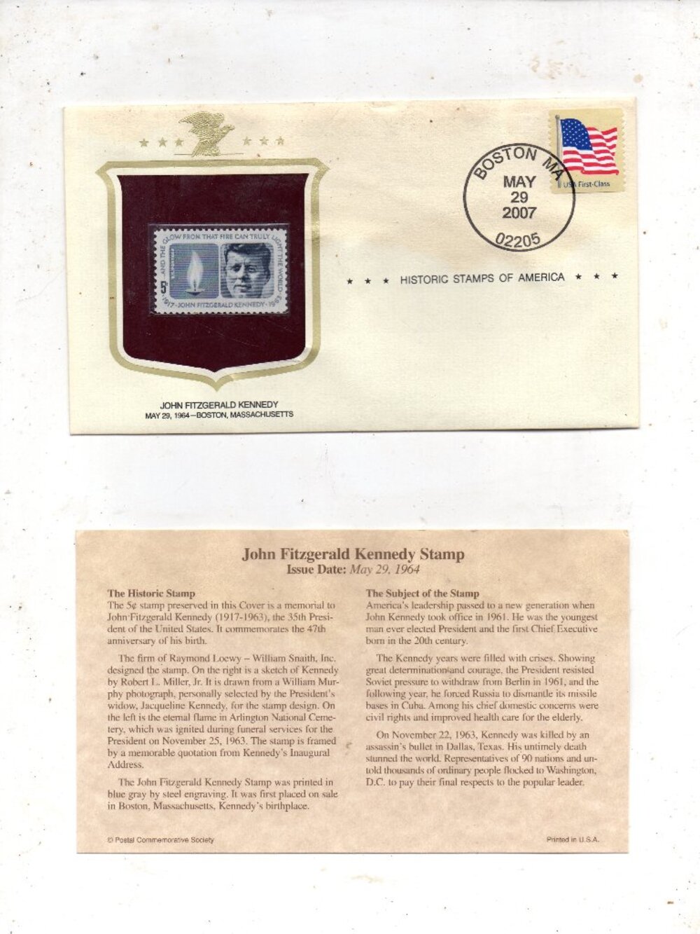 President John F Kennedy Stamp Cachet Cover Sc#1246 on Historic Stamp of America
